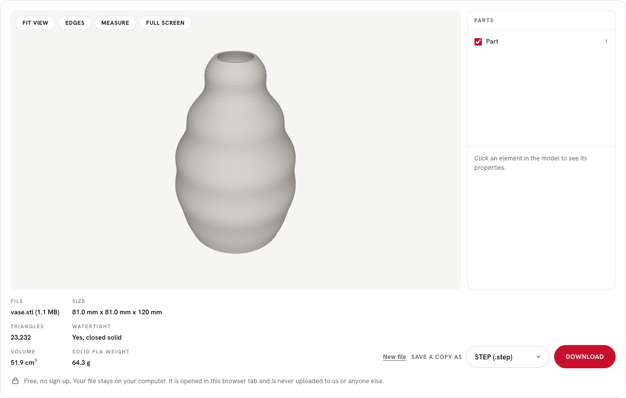 Screenshot of the free STL viewer showing a vase with its size, volume and weight
