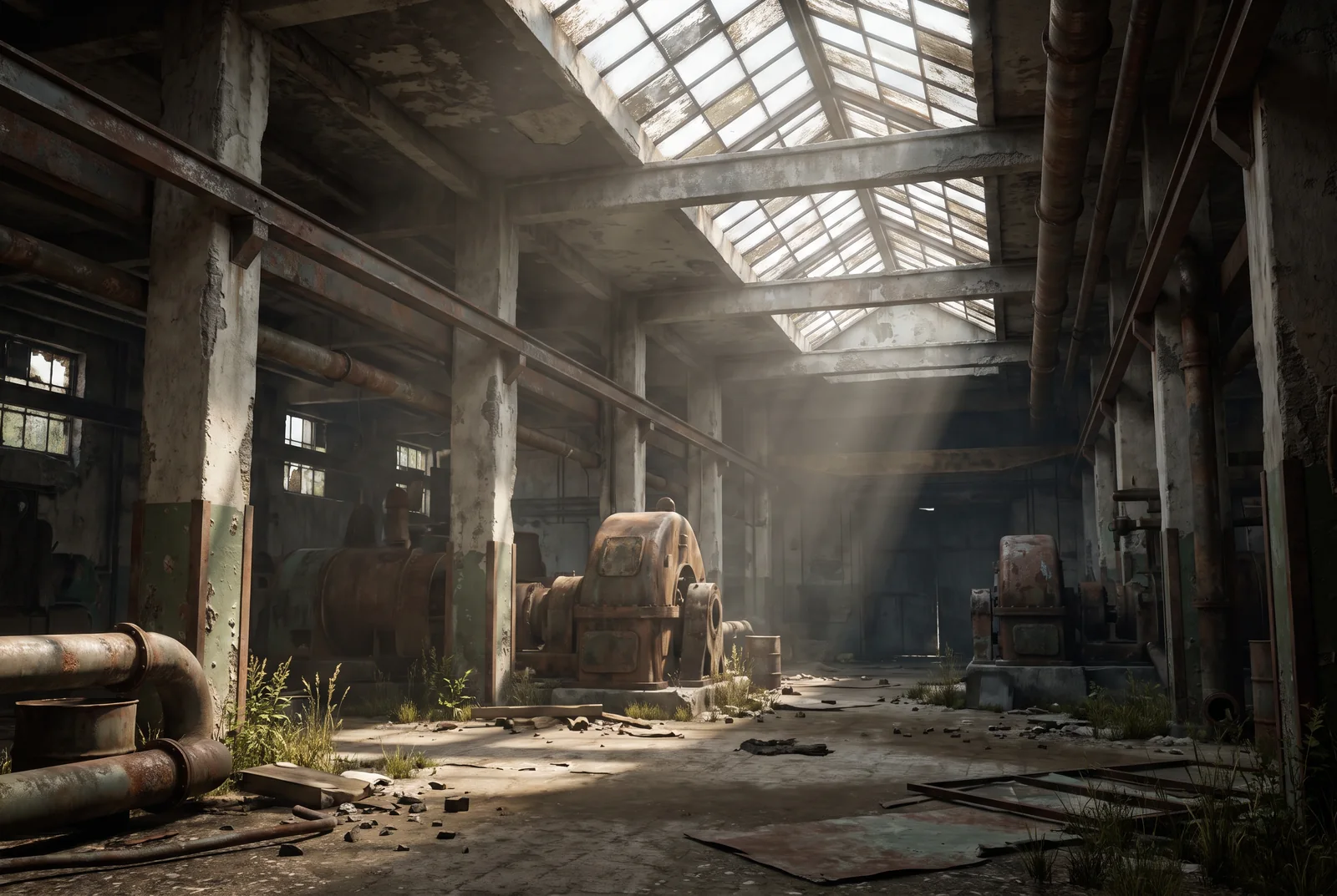 Entorno de nivel de juego de una nave industrial abandonada con haces de luz a través de tragaluces rotos