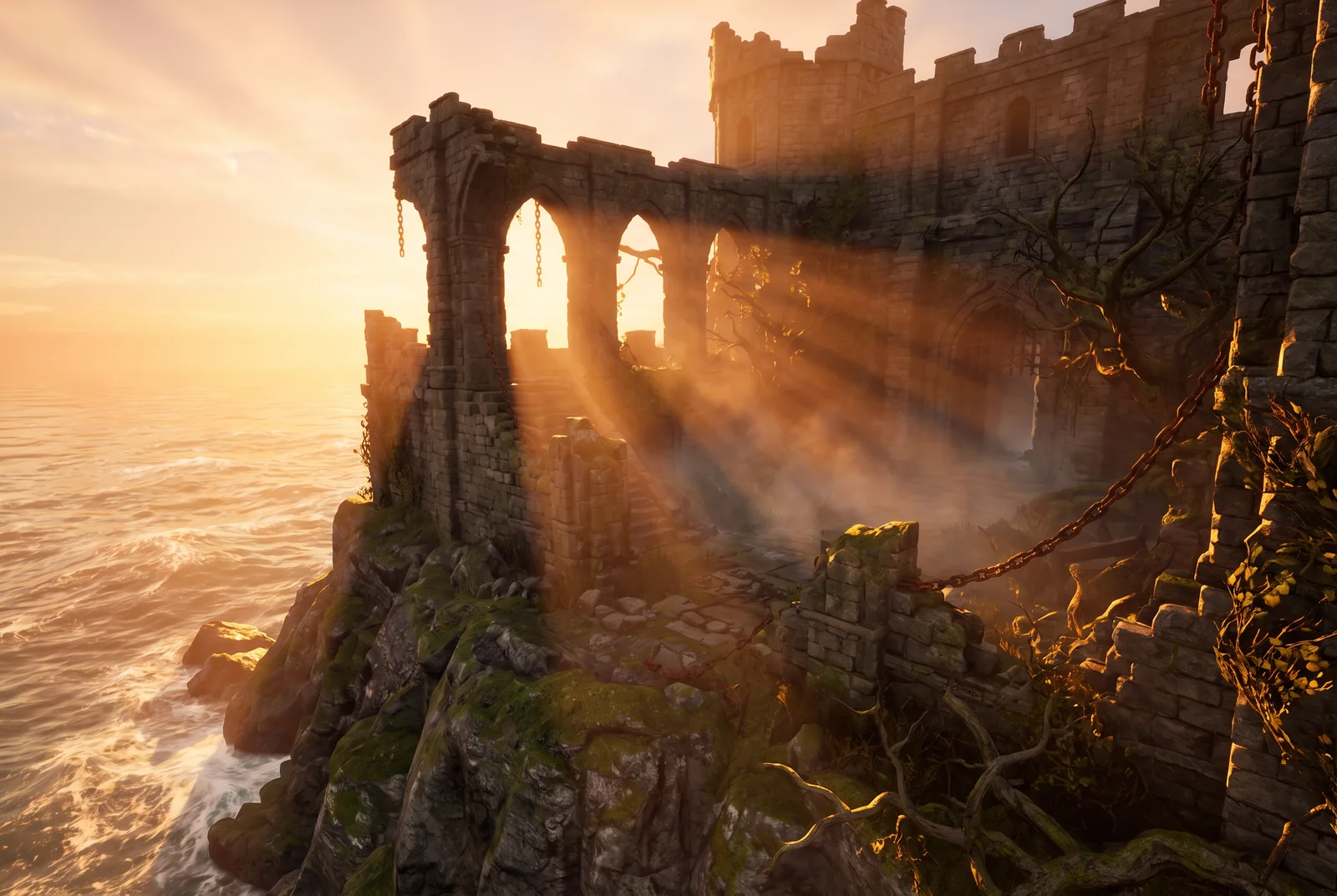Toma de belleza de un entorno de juego de una fortaleza de piedra en ruinas en un acantilado marino al atardecer
