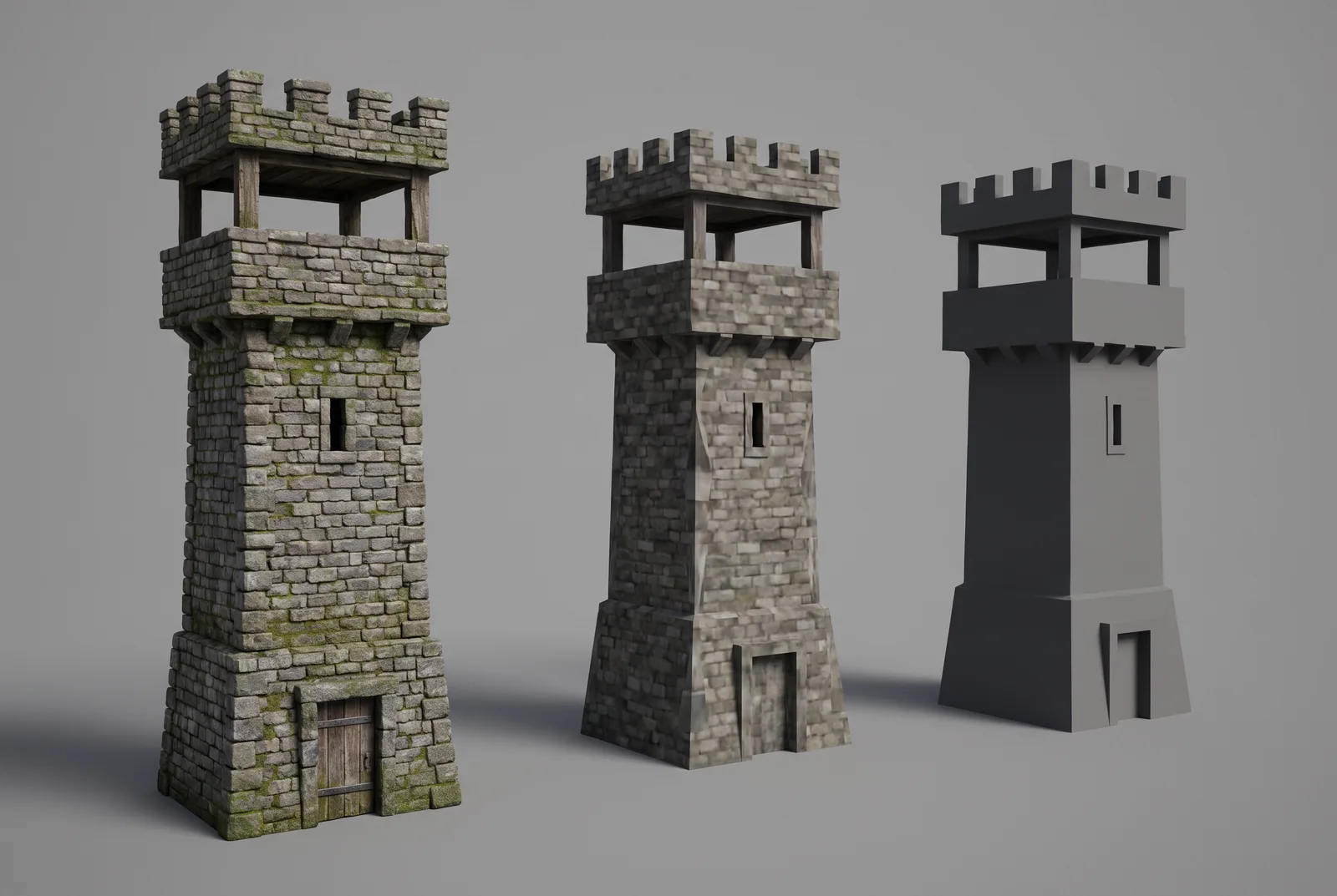 Activo de juego de torre de vigilancia de piedra en tres niveles de detalle, LOD0, LOD1 y LOD2, uno al lado del otro