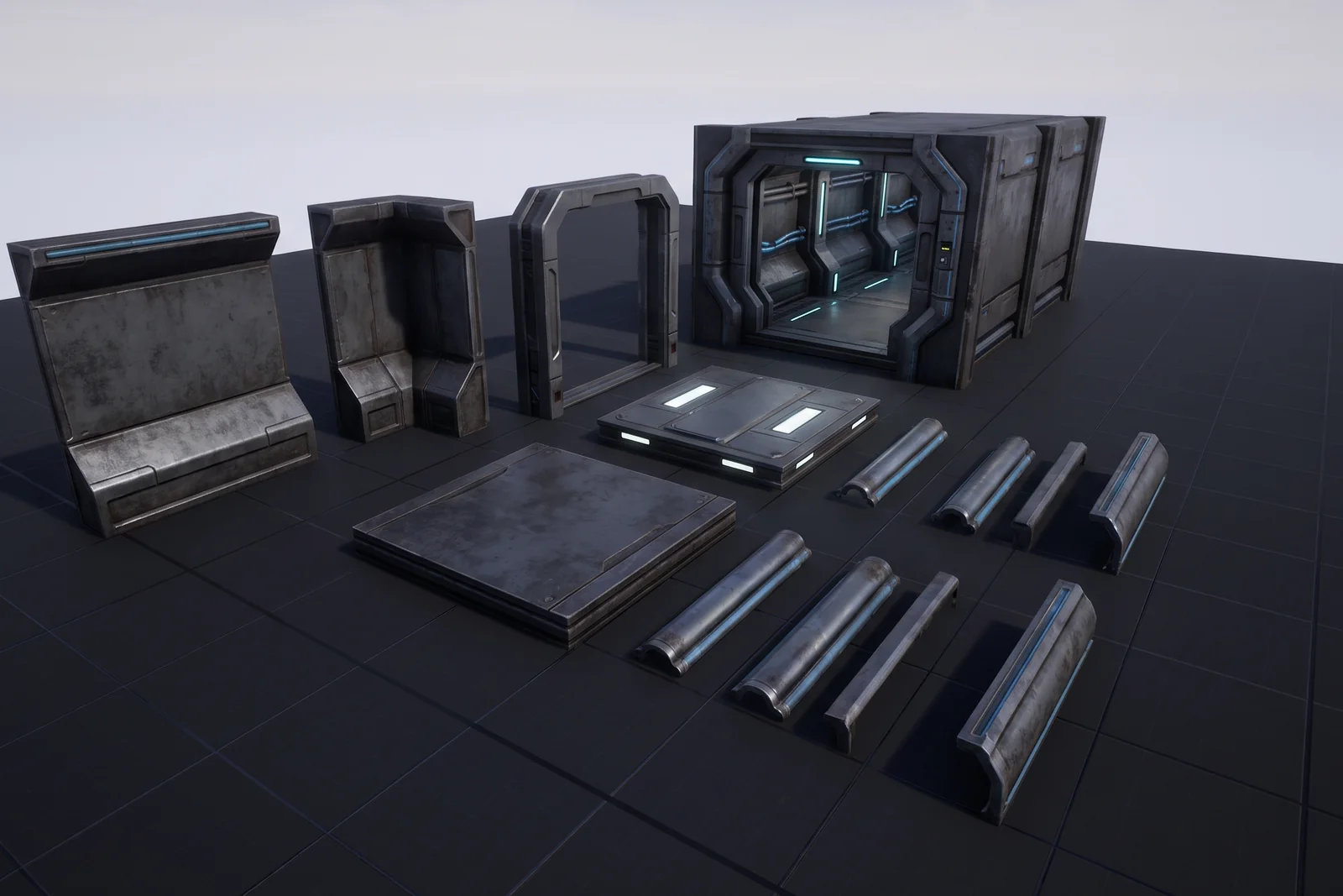 Kit de corredor modular de ciencia ficción: piezas de pared, esquina, puerta, suelo y molduras con una sección ensamblada