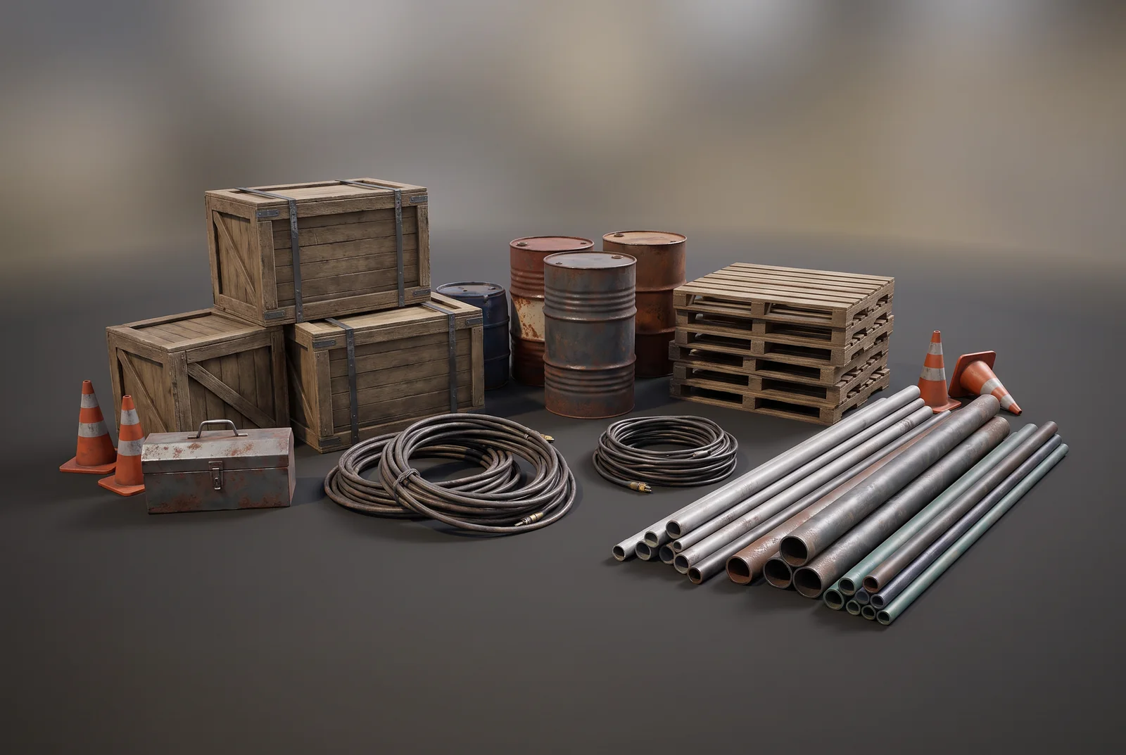 Paquete de utilería de cajas, barriles, paletas, cables y tuberías