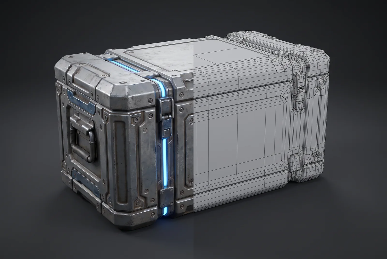 Activo de juego de caja de carga de ciencia ficción, medio texturizado y medio mostrado como su wireframe cuádruple limpio