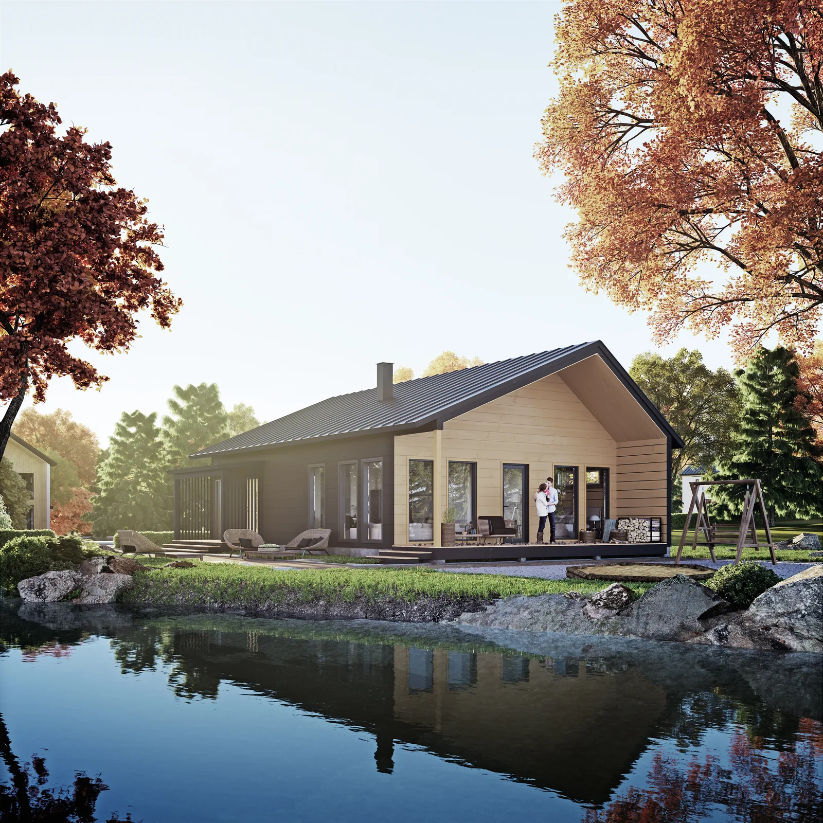 3D exterior rendering of a timber log house beside a lake in autumn