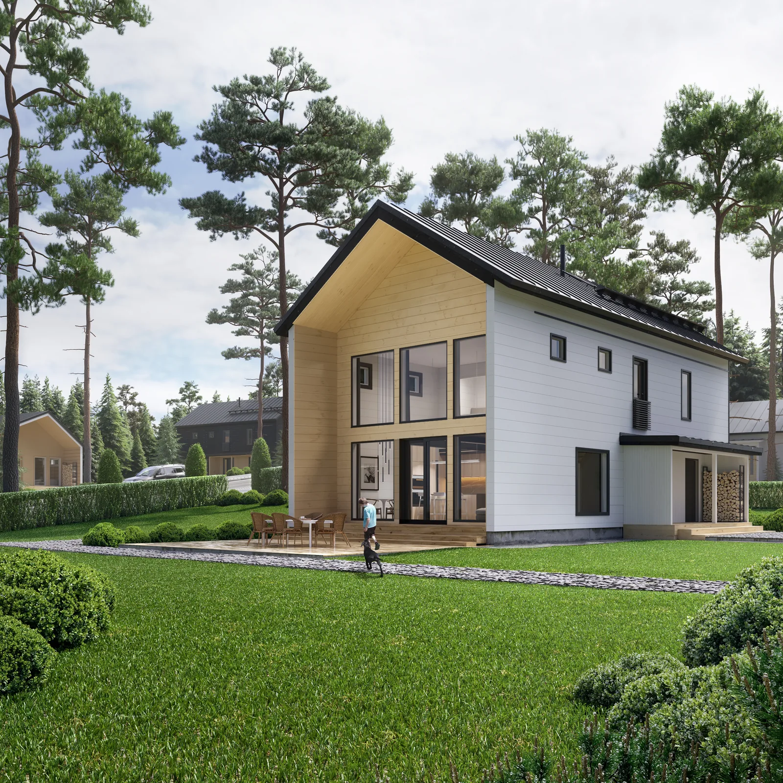 3D exterior rendering of a two-storey timber log house with a lawn in summer