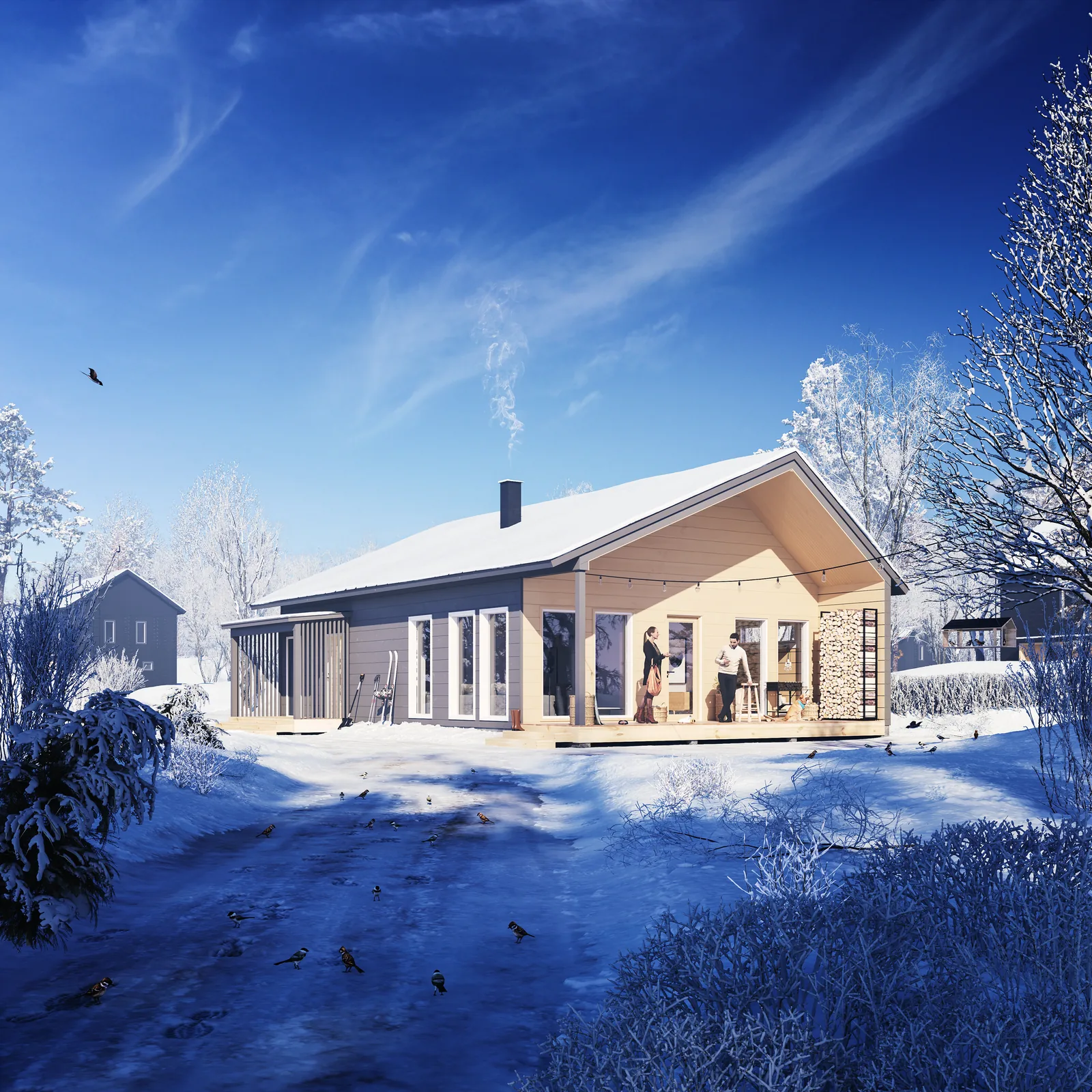 3D exterior rendering of a timber log house in winter snow