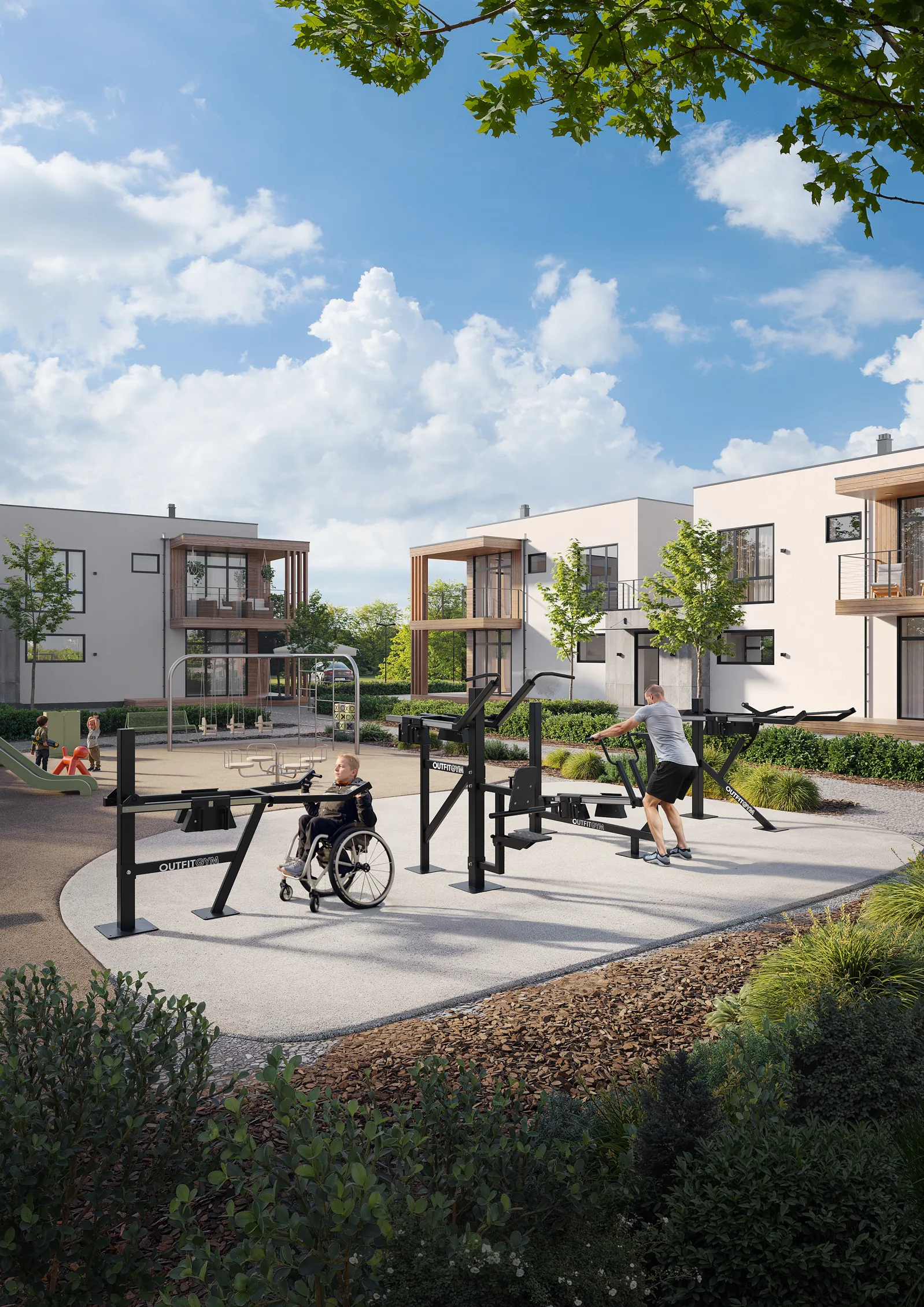 3D rendering of a residential courtyard with a playground and outdoor gym equipment, including a user in a wheelchair