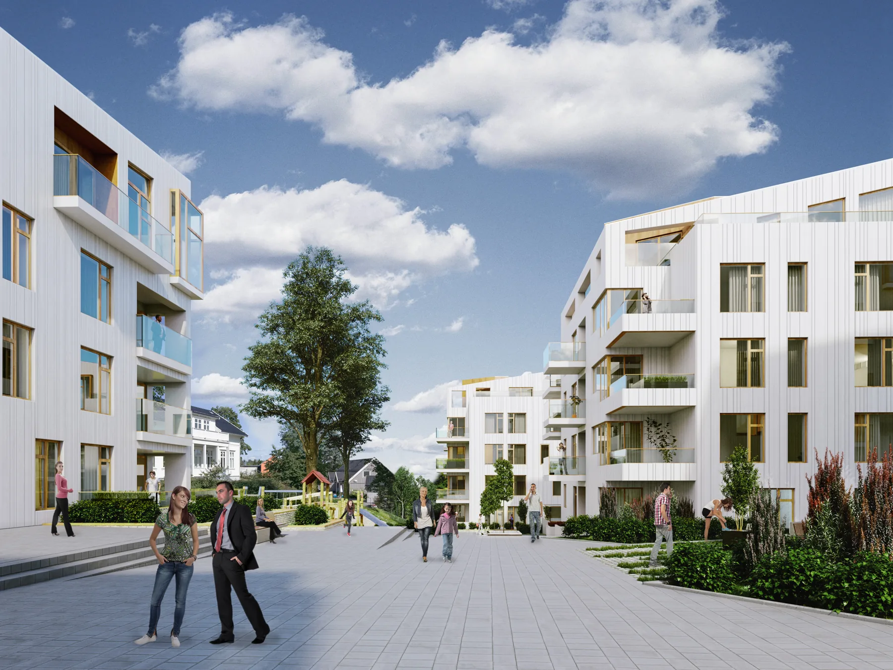3D exterior rendering of a paved plaza between apartment buildings with people walking