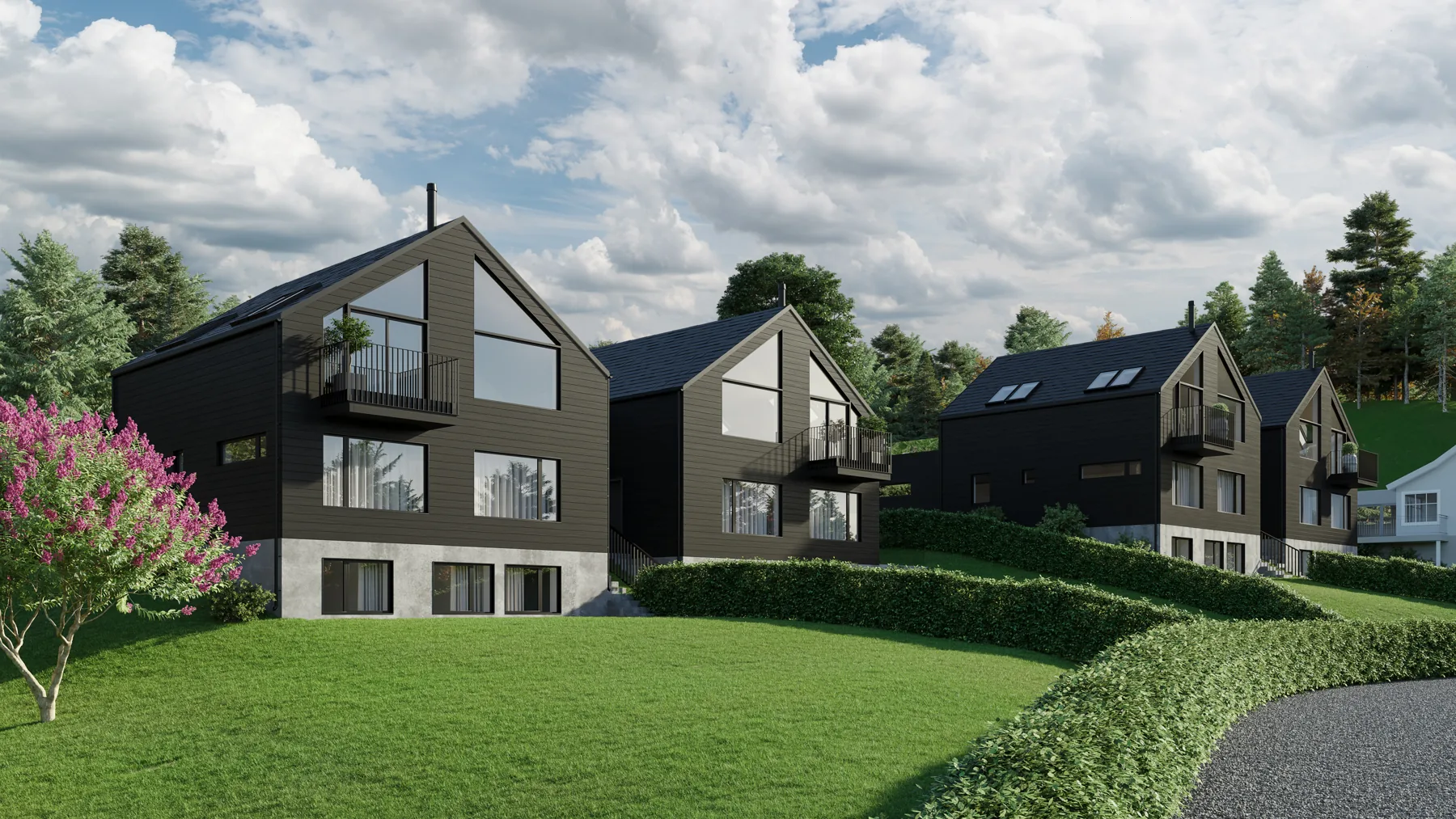 3D exterior rendering of dark timber houses with large gables on a green lawn behind a hedge-lined gravel path