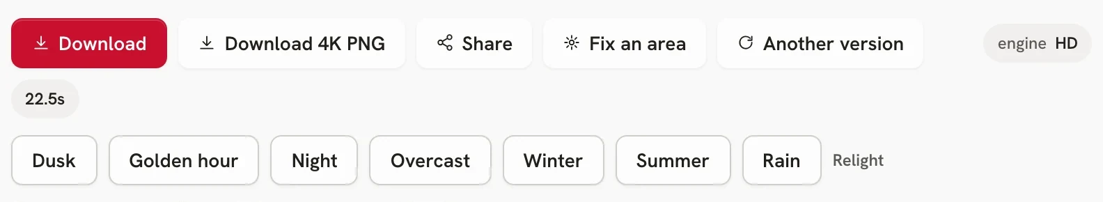 Buttons after a render: download, share, fix an area, another version, and relight options from dusk to rain