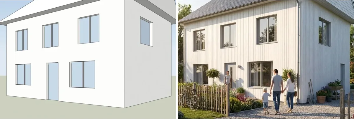 Detail of a family house model next to its AI render with timber cladding, planting and people