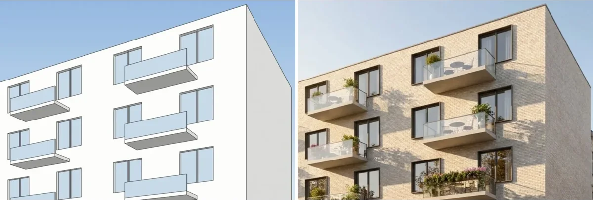 Detail of an apartment building model next to its AI render: the window grid and balconies are in the same places