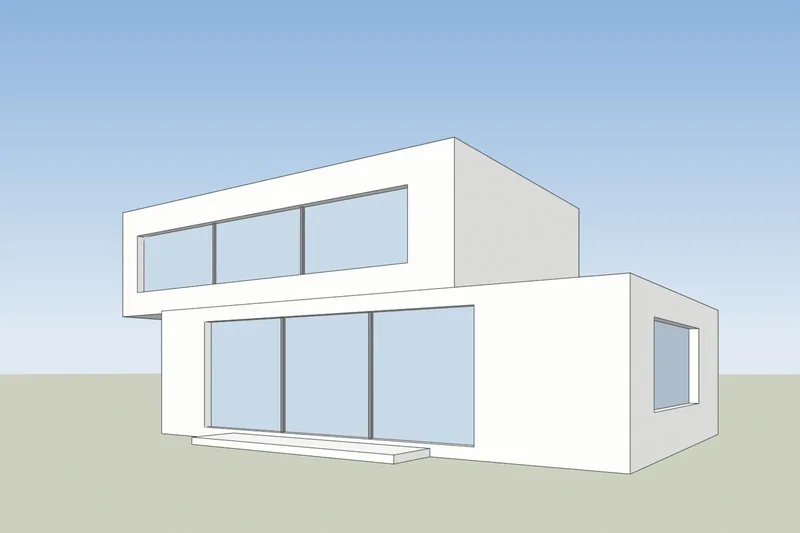 SketchUp-style screenshot of a 3D model of a two storey villa
