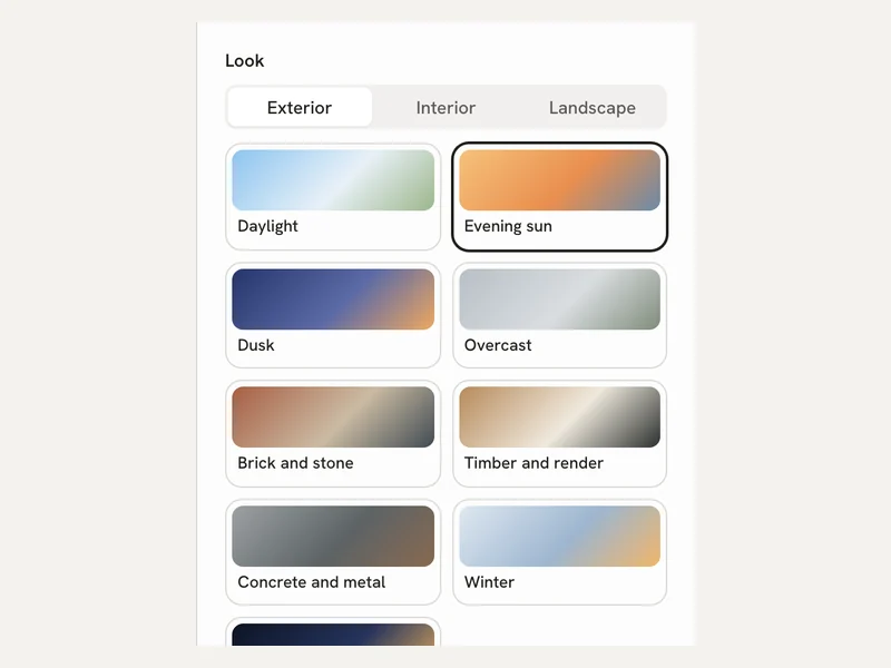 The AI Render Studio panel with exterior, interior and light options, evening sun selected