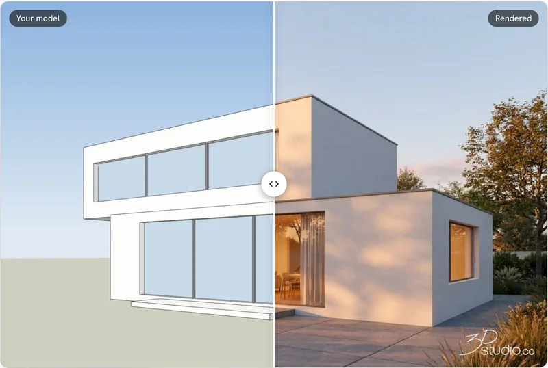 Finished AI render of the villa at evening sun next to the model screenshot, with a drag slider