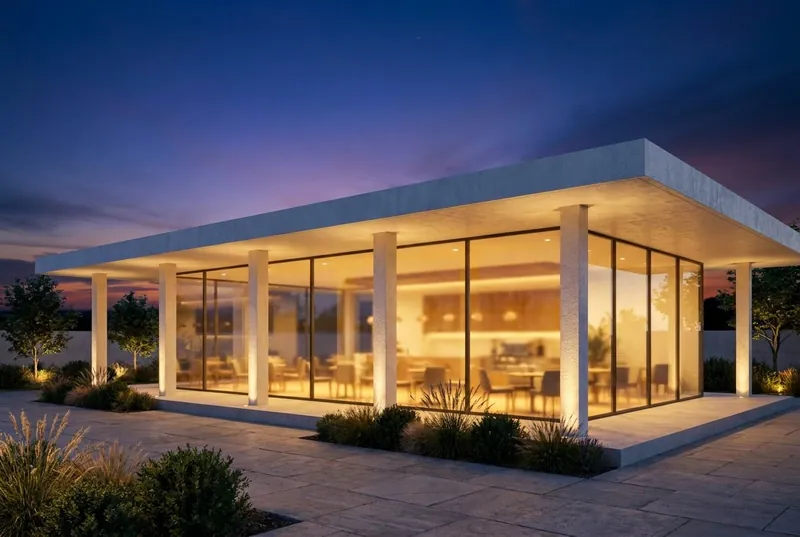 AI render of a glass pavilion cafe made from the model screenshot