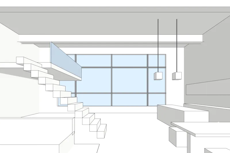 SketchUp-style screenshot of a 3D model of a loft apartment