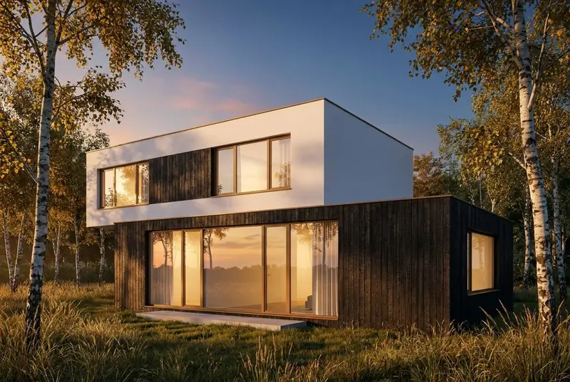 AI render of a two storey villa at evening sun, made from the SketchUp model screenshot