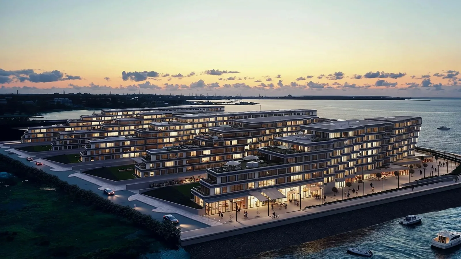 3D architectural visualization of a waterfront residential development at dusk
