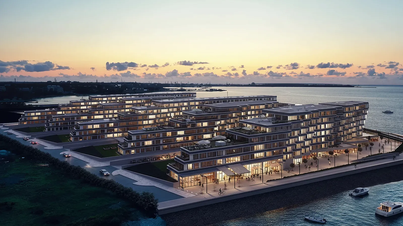3D architectural visualization of a waterfront residential development at dusk