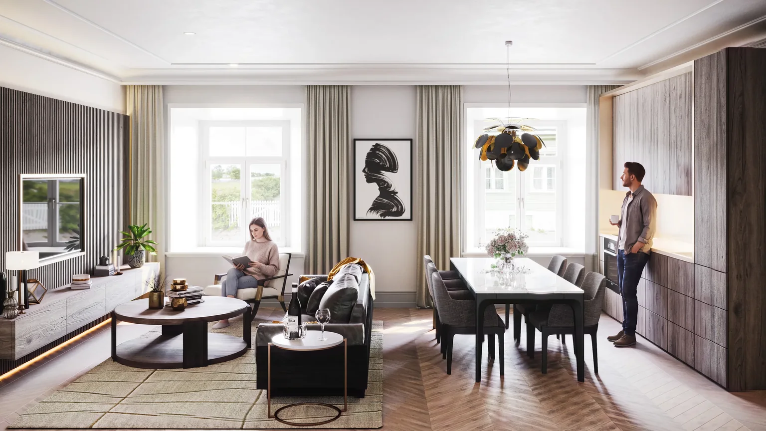 3D-rendered living and dining room with a dark oak feature wall, a long dining table, a sofa and two tall windows, Estonia