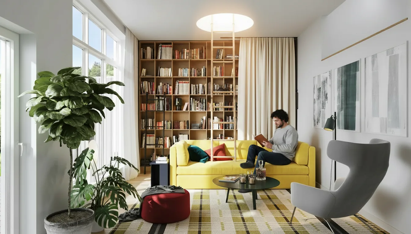An AI-generated take on the same library interior: a curtain hangs indoors across the bookshelves and a ladder climbs through a hole cut in the ceiling, details that look convincing at a glance but could never be built