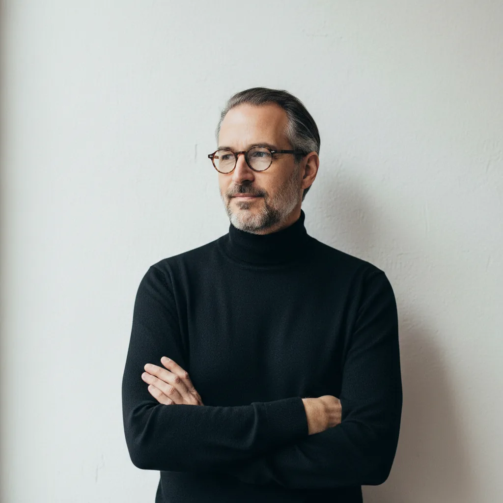 Creative architect in a black turtleneck and round glasses