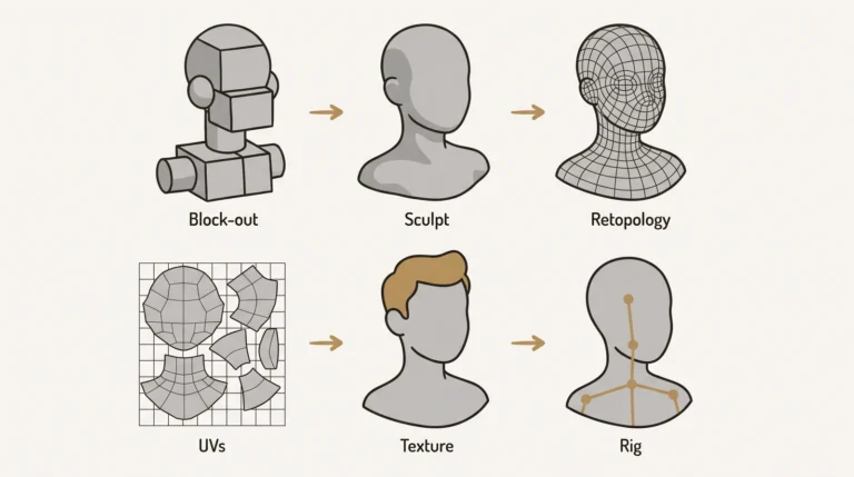 Diagram of six stages of 3D character modeling on the same stylized bust: block-out, sculpt, retopology, UV layout, textured model and rigged model with a skeleton
