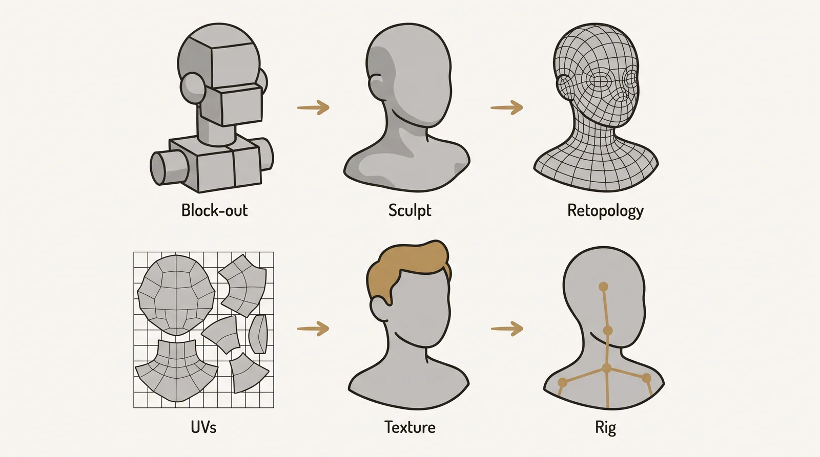 Diagram of six stages of 3D character modeling on the same stylized bust: block-out, sculpt, retopology, UV layout, textured model and rigged model with a skeleton