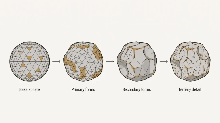 Diagram of digital sculpting stages: a base sphere shaped into a rock through primary forms, secondary forms and fine tertiary detail