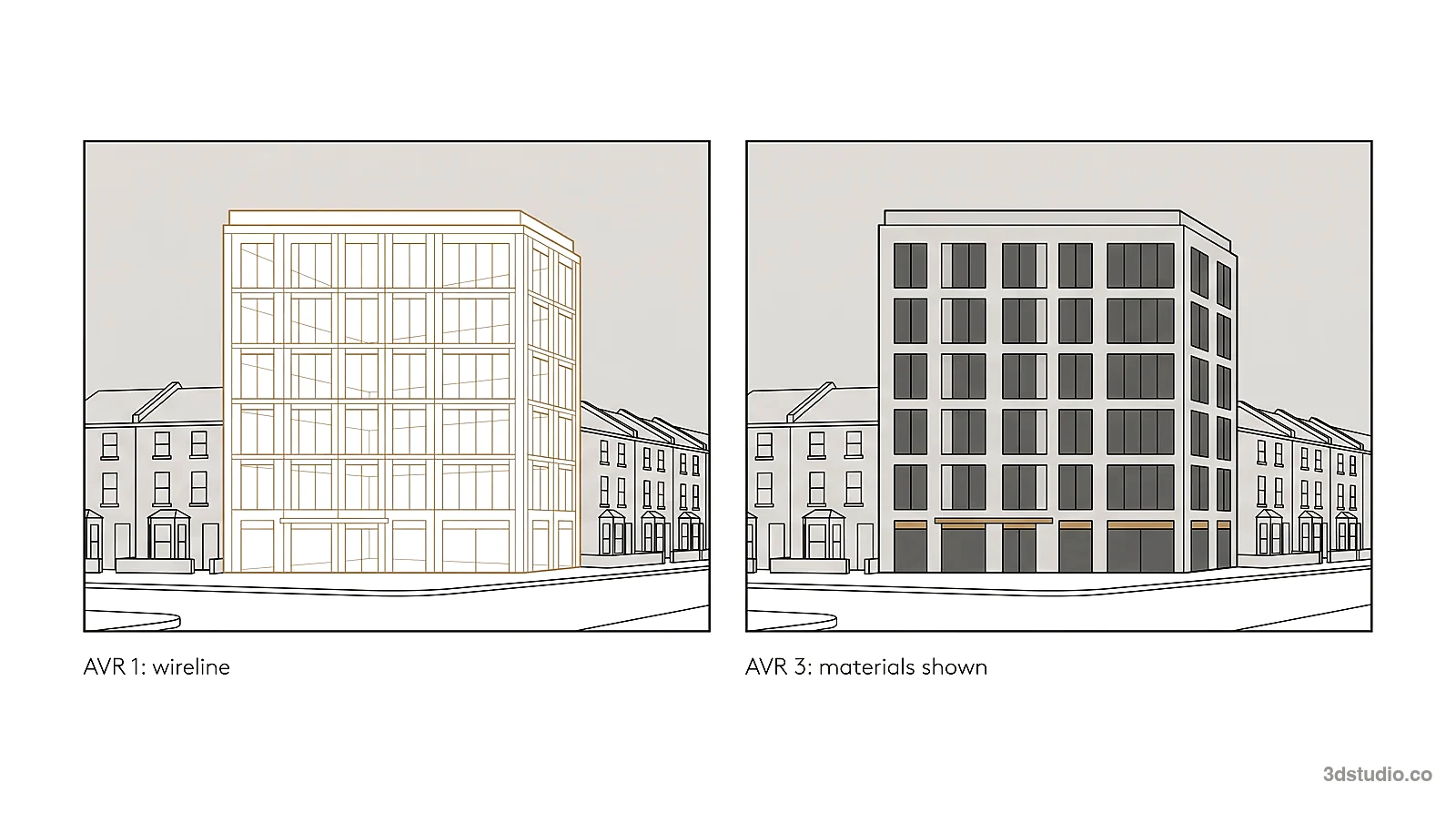 Diagram of the same proposed multi-storey building on a low-rise terraced street shown twice: as a gold outline in AVR 1 wireline and with flat facade materials in AVR 3