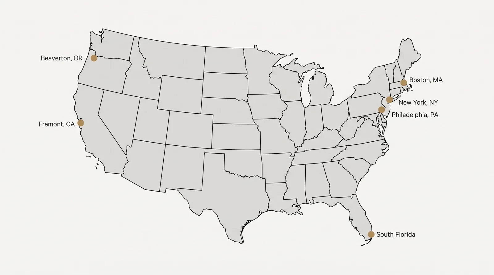 Map of the United States marking where the rendering companies on this list are based: Beaverton, Fremont, Boston, New York, Philadelphia and South Florida