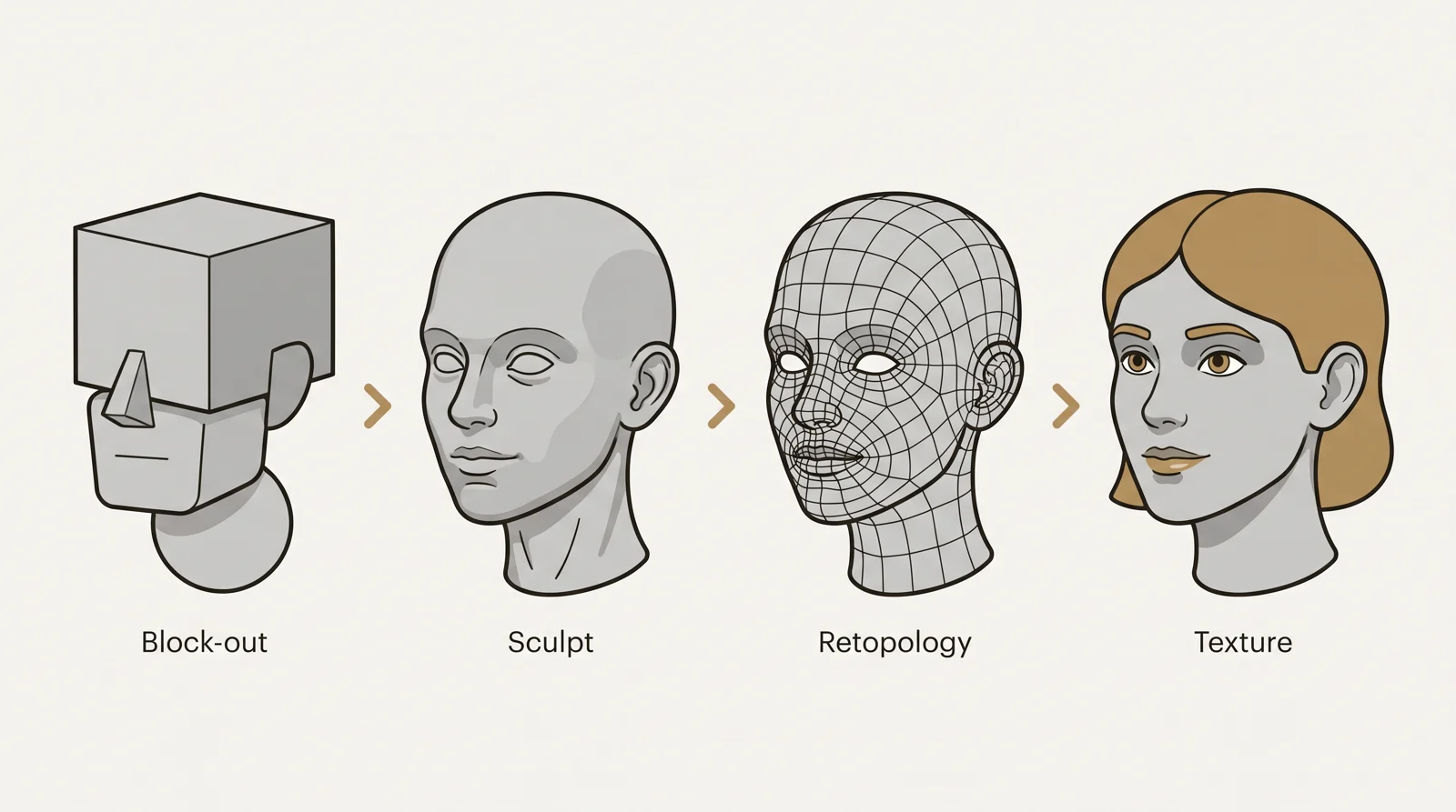 Diagram of the four stages of 3D character modeling shown on the same stylized head: rough block-out, detailed sculpt, clean low-poly retopology and the finished textured model