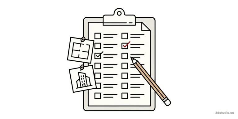 Illustration of a clipboard checklist with a pencil and a pinned floor plan and building sketch