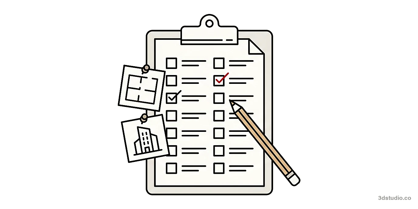 Illustration of a clipboard checklist with a pencil and a pinned floor plan and building sketch