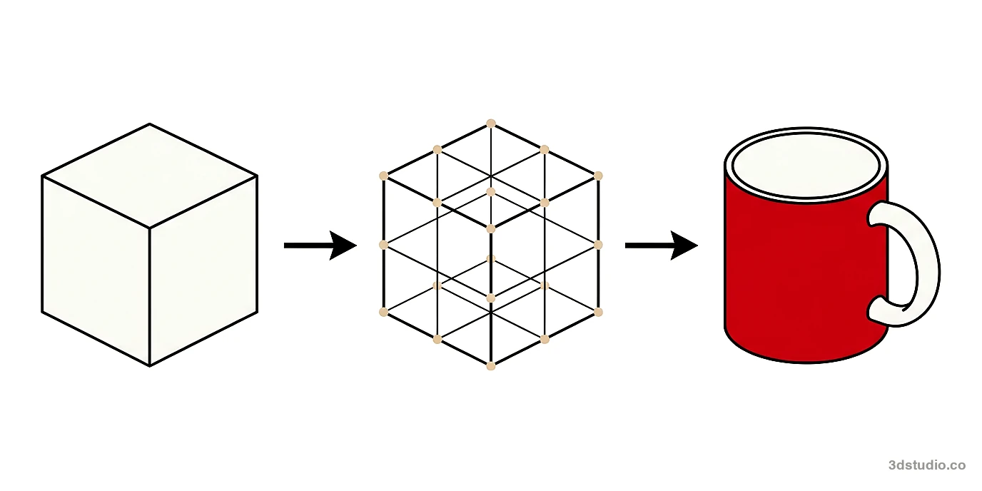 Illustration of a plain cube, then the same cube as a wireframe mesh with vertices, then a finished red coffee mug, showing the steps of 3D modeling