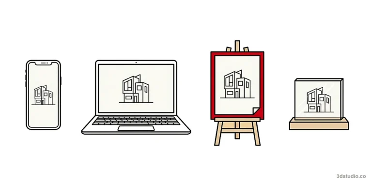 Illustration of one small modern building drawing shown on a phone, a laptop, a poster on an easel and an award plaque