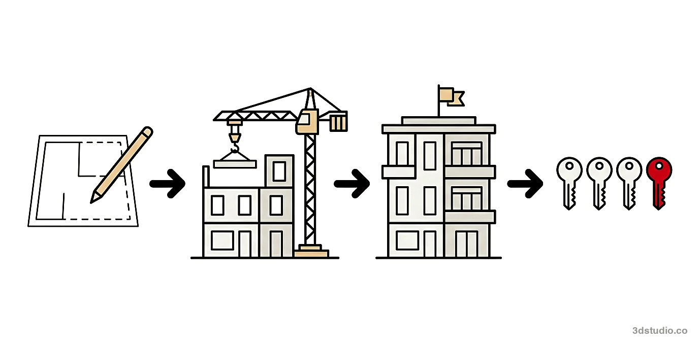 Illustration of a development in stages from a site plan with pencil to a crane building, a finished building and a row of house keys