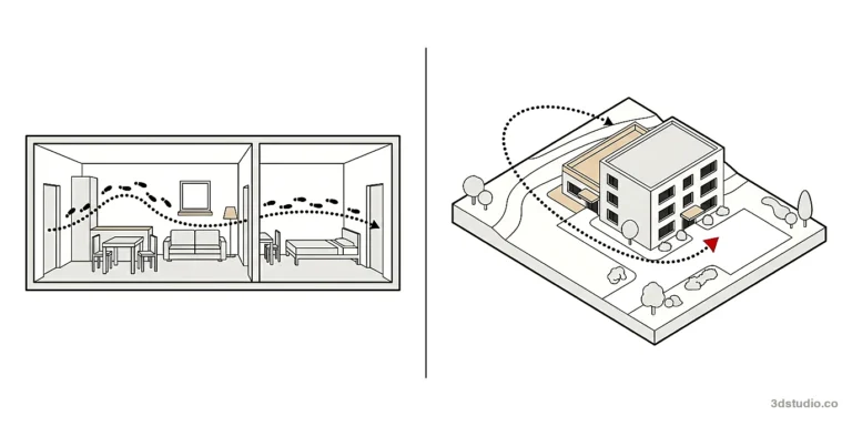 Illustration comparing a walkthrough path at eye height inside rooms with a flythrough path swooping above a building and its site
