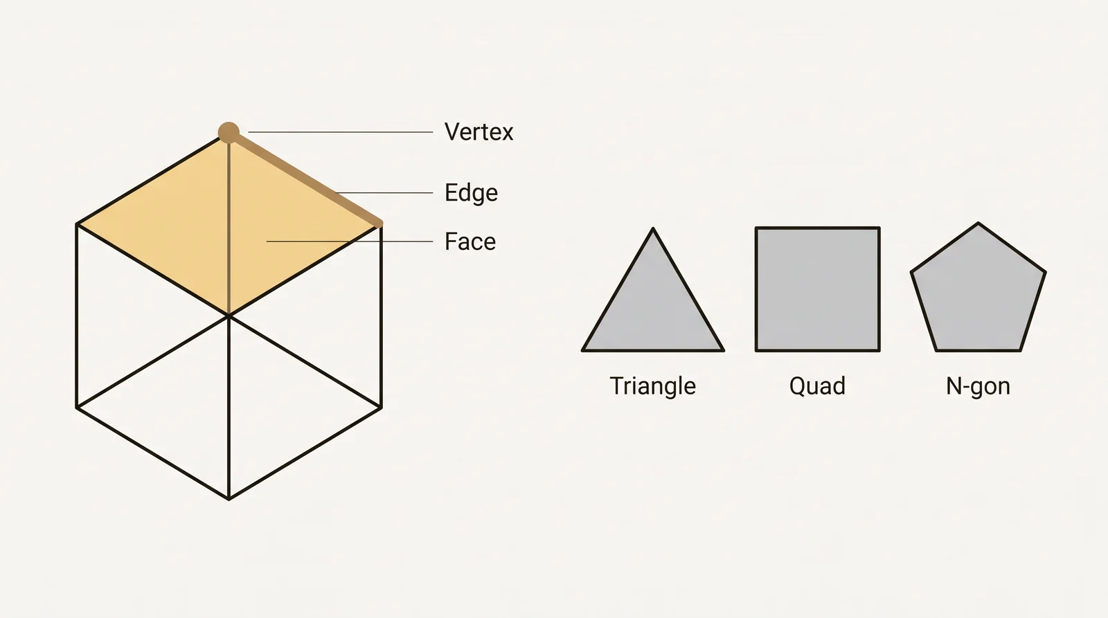Diagram of a cube with one vertex, one edge and one face highlighted in gold, next to a triangle, a quad and an n-gon