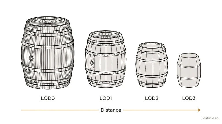Diagram of an LOD chain: the same barrel shown as LOD0 with many polygons, then LOD1, LOD2 and LOD3 with fewer and fewer polygons as it gets further from the camera