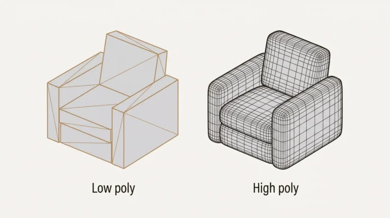 Diagram of the same armchair as a low poly model with a few large flat faces and as a high poly model with a dense smooth mesh