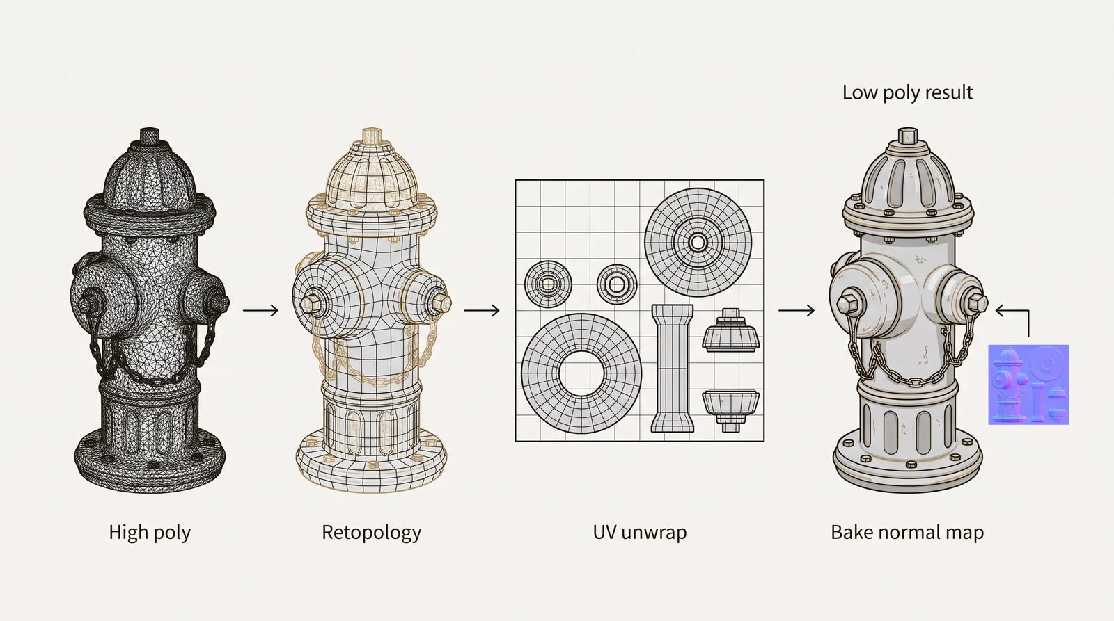Diagram of the high poly to low poly workflow on one object: a dense high poly hydrant mesh, retopology to a clean quad mesh, UV unwrap into islands, and baking a normal map onto the low poly result