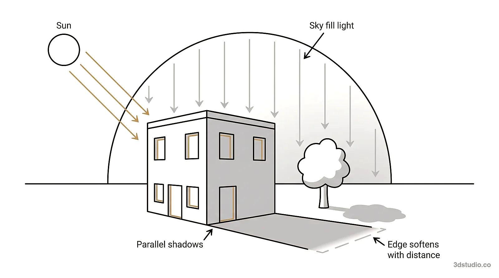 Diagram of one sun casting parallel shadows from a building and a tree, with sky light filling the shadow area