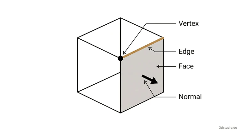 Diagram of a cube mesh with one vertex, one edge, one face and the face normal labeled