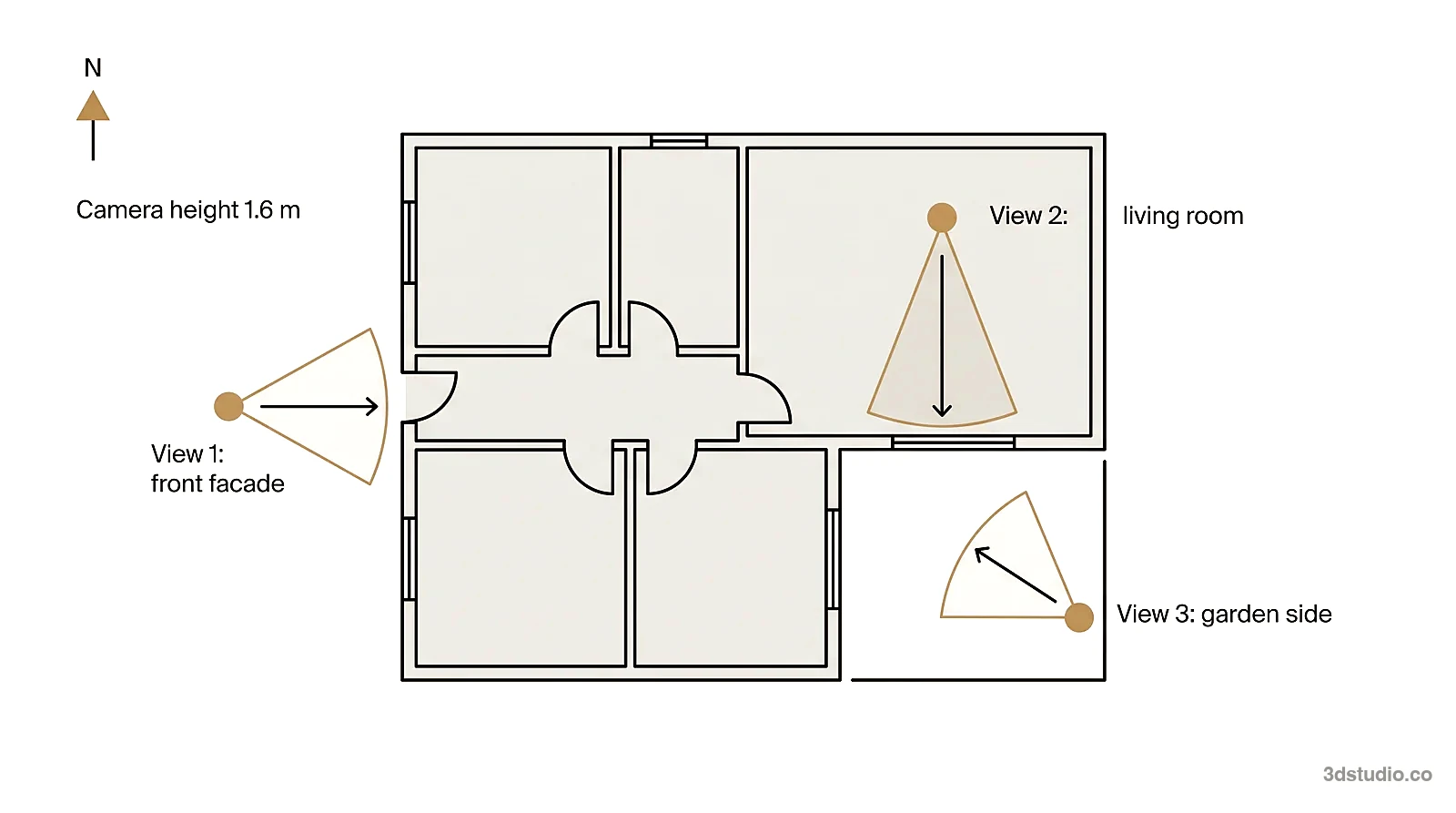 Diagram of a floor plan with 3 numbered camera positions and viewing cones, showing how to mark the views you want in a 3D rendering brief