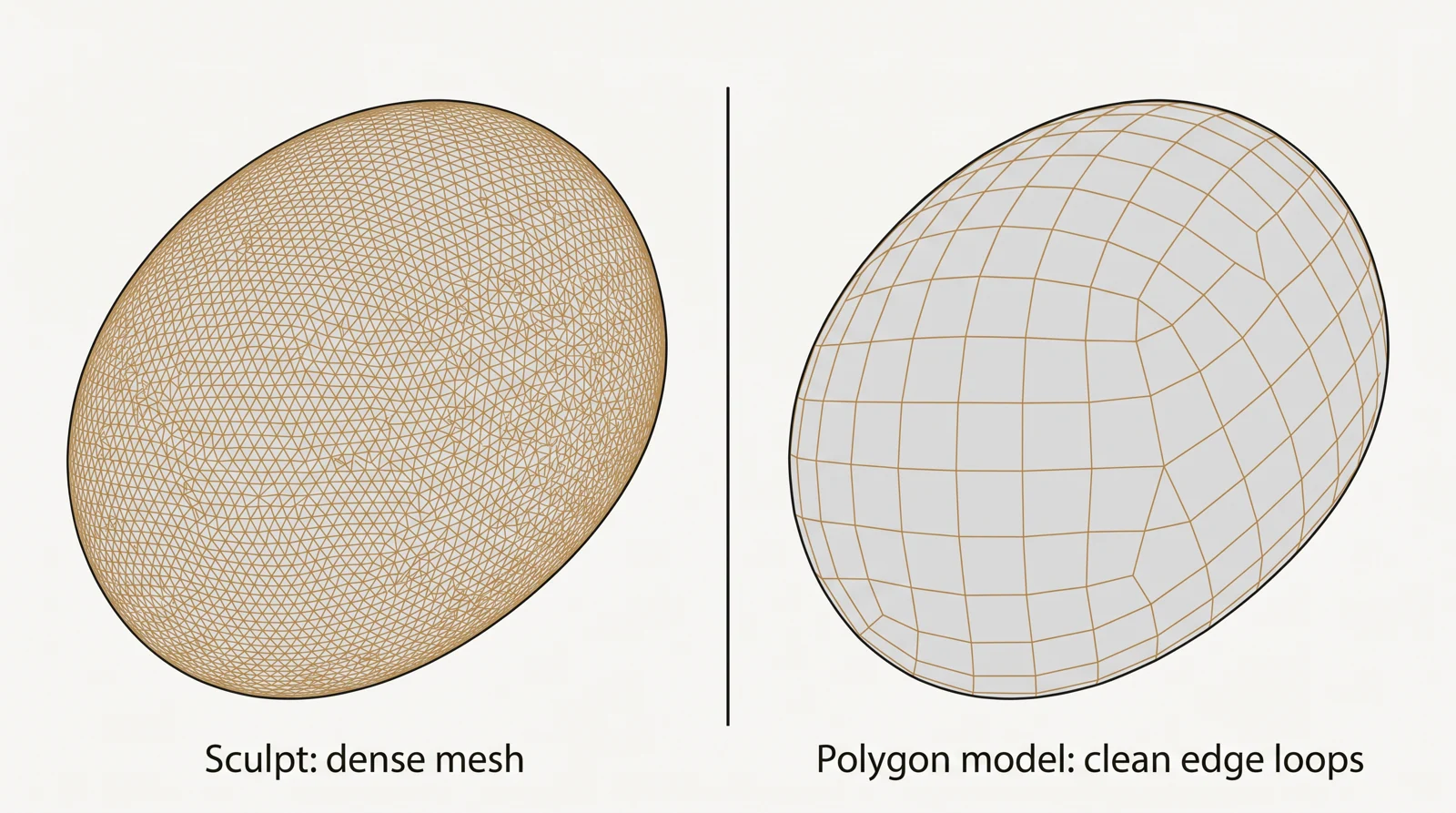 Diagram comparing the same pebble-shaped form as a digital sculpt with a very dense even mesh and as a polygon model with a few clean edge loops