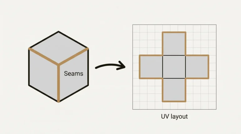Diagram of a cube with its seams marked in gold, unfolded into a flat cross-shaped UV layout inside a square UV space