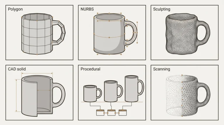 Diagram of the same coffee mug made with 6 3D modeling methods: polygon modeling, NURBS surfaces, digital sculpting, CAD solid modeling, procedural modeling and 3D scanning