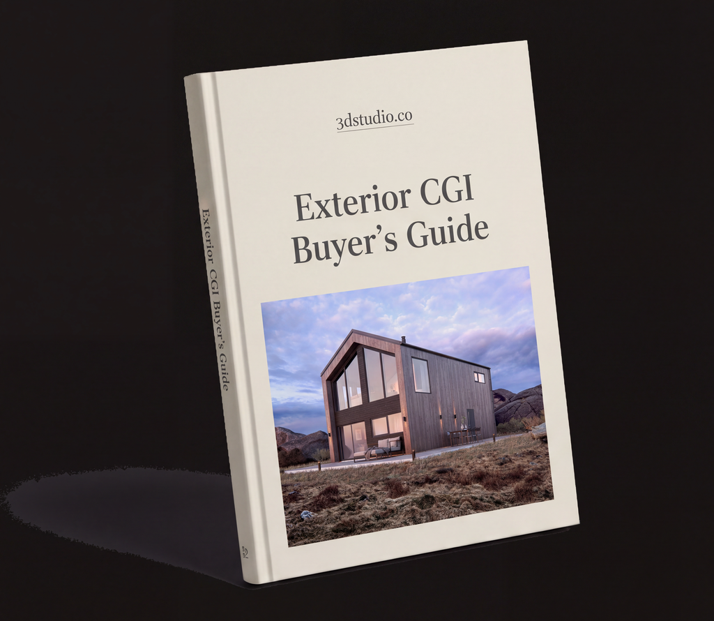 Portada de la Guía del Comprador de CGI Exterior con la marca 3dstudio.co